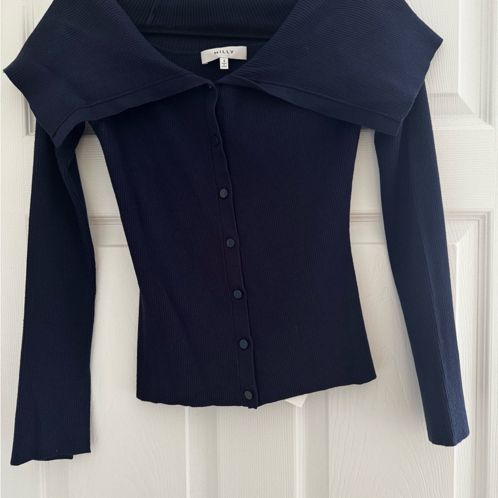 Milly Navy Off-Shoulder Ribbed sweater